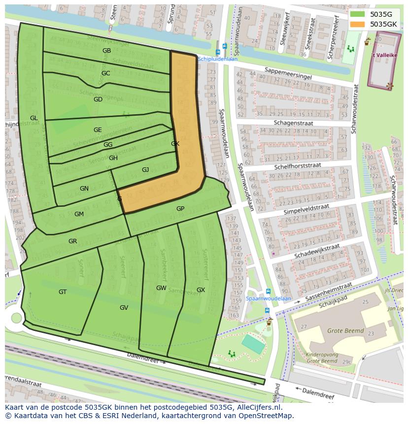 Afbeelding van het postcodegebied 5035 GK op de kaart.