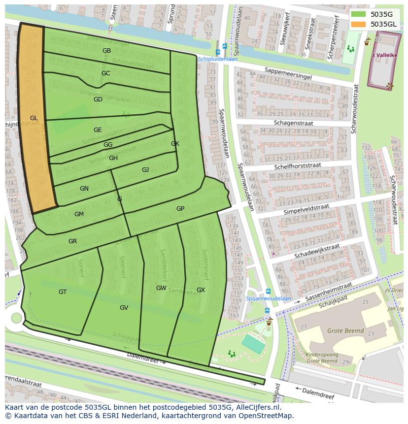 Afbeelding van het postcodegebied 5035 GL op de kaart.