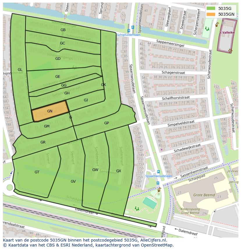 Afbeelding van het postcodegebied 5035 GN op de kaart.