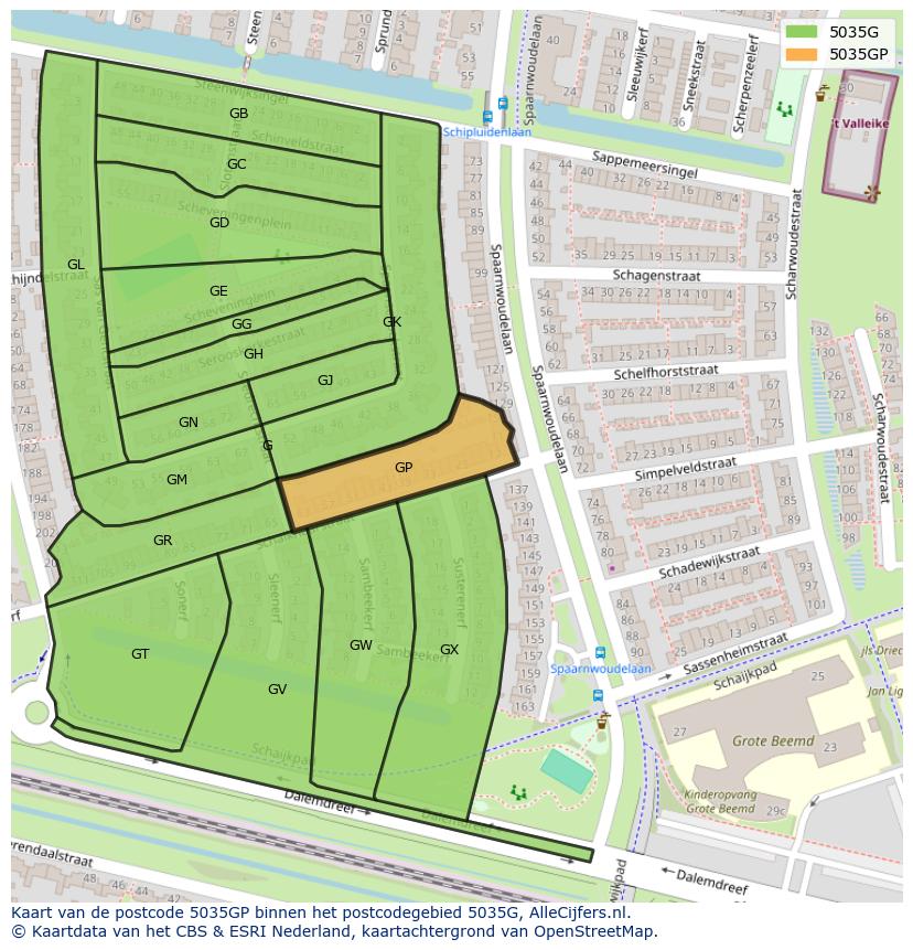 Afbeelding van het postcodegebied 5035 GP op de kaart.