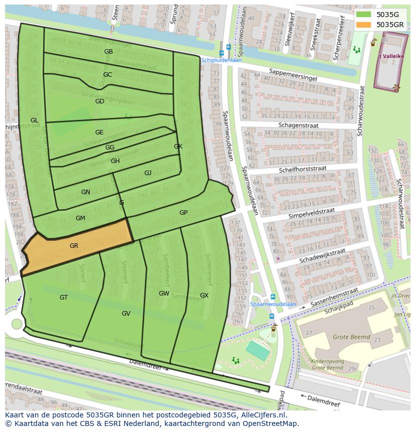 Afbeelding van het postcodegebied 5035 GR op de kaart.