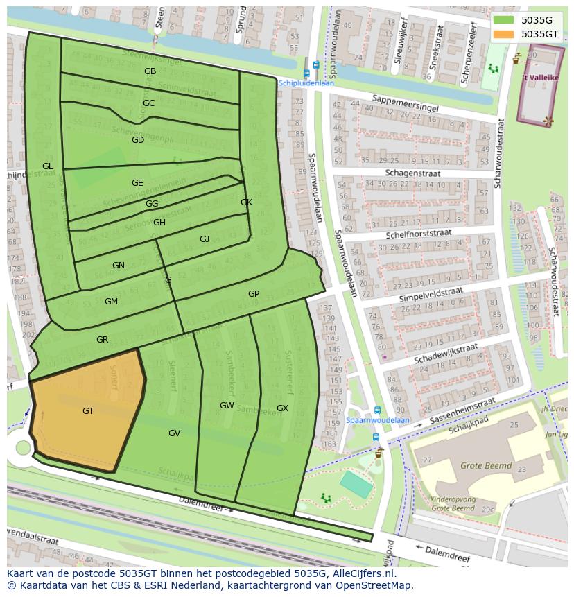 Afbeelding van het postcodegebied 5035 GT op de kaart.