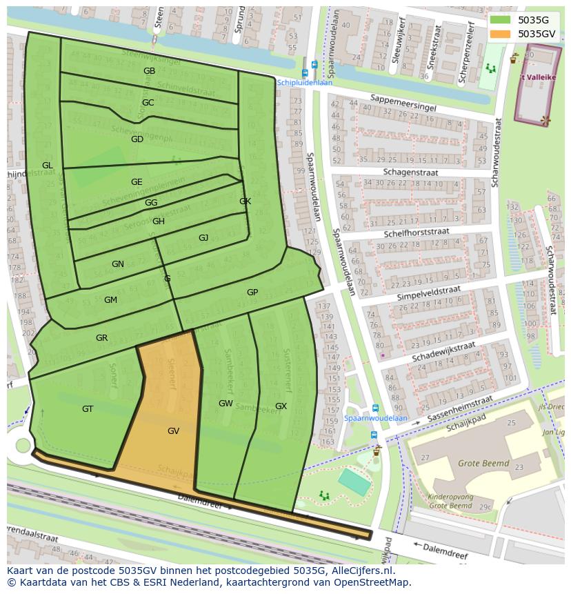 Afbeelding van het postcodegebied 5035 GV op de kaart.