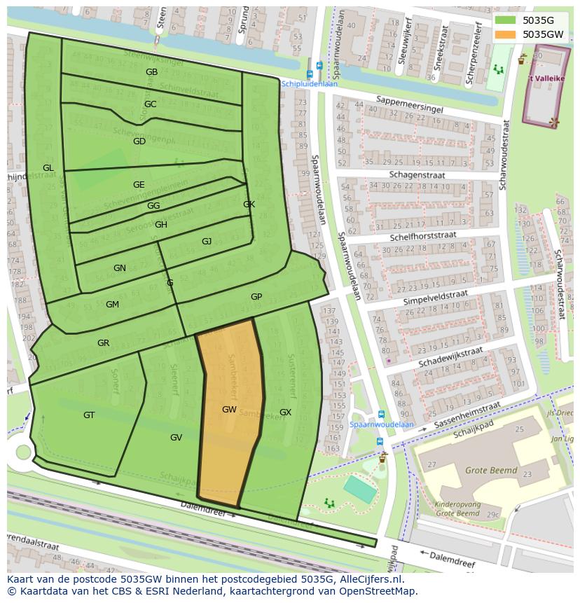 Afbeelding van het postcodegebied 5035 GW op de kaart.