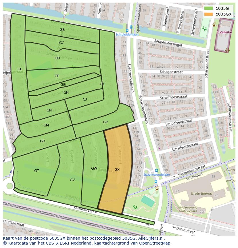 Afbeelding van het postcodegebied 5035 GX op de kaart.