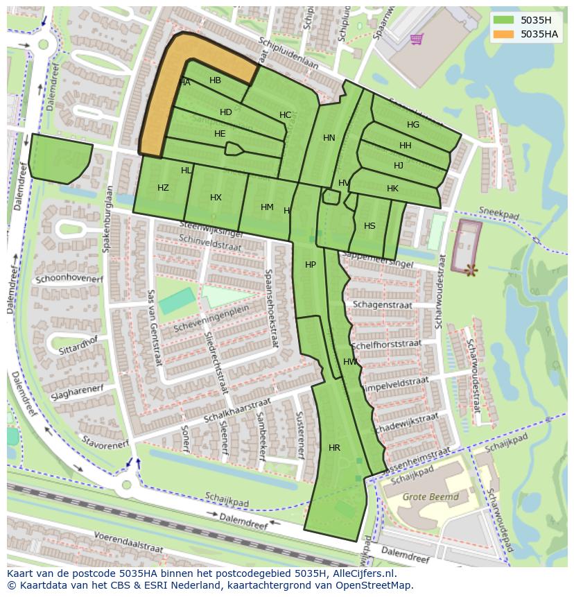 Afbeelding van het postcodegebied 5035 HA op de kaart.