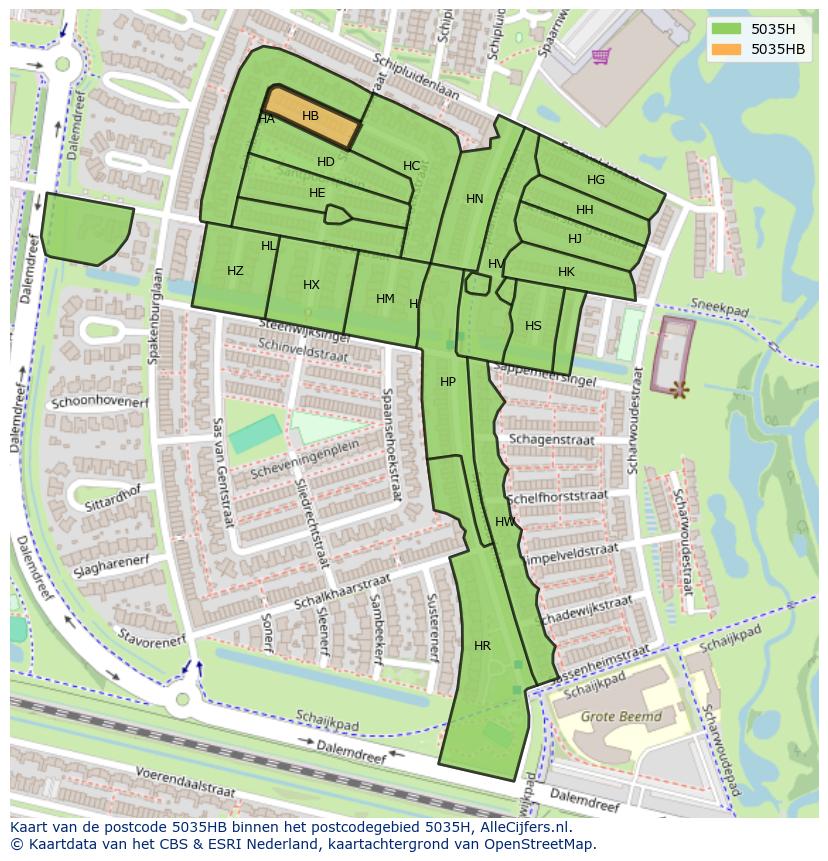 Afbeelding van het postcodegebied 5035 HB op de kaart.