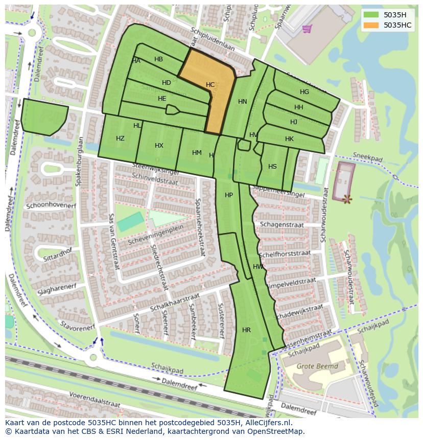 Afbeelding van het postcodegebied 5035 HC op de kaart.