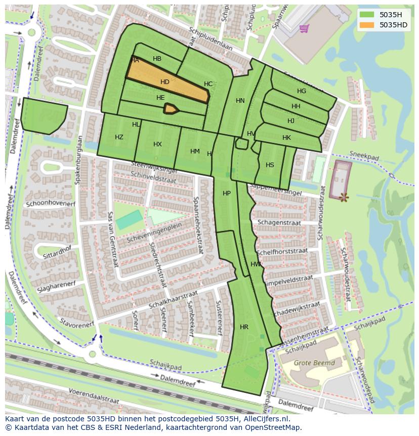 Afbeelding van het postcodegebied 5035 HD op de kaart.