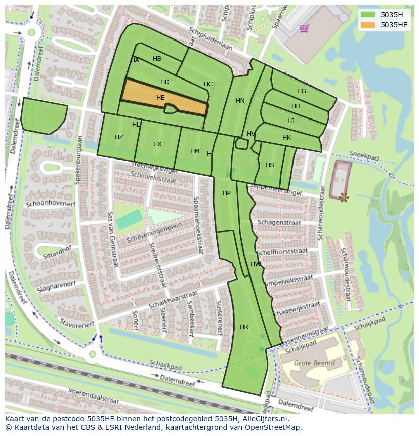 Afbeelding van het postcodegebied 5035 HE op de kaart.
