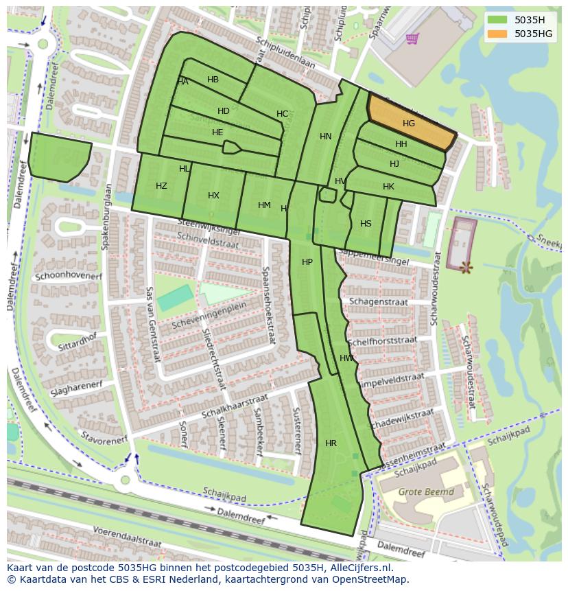 Afbeelding van het postcodegebied 5035 HG op de kaart.