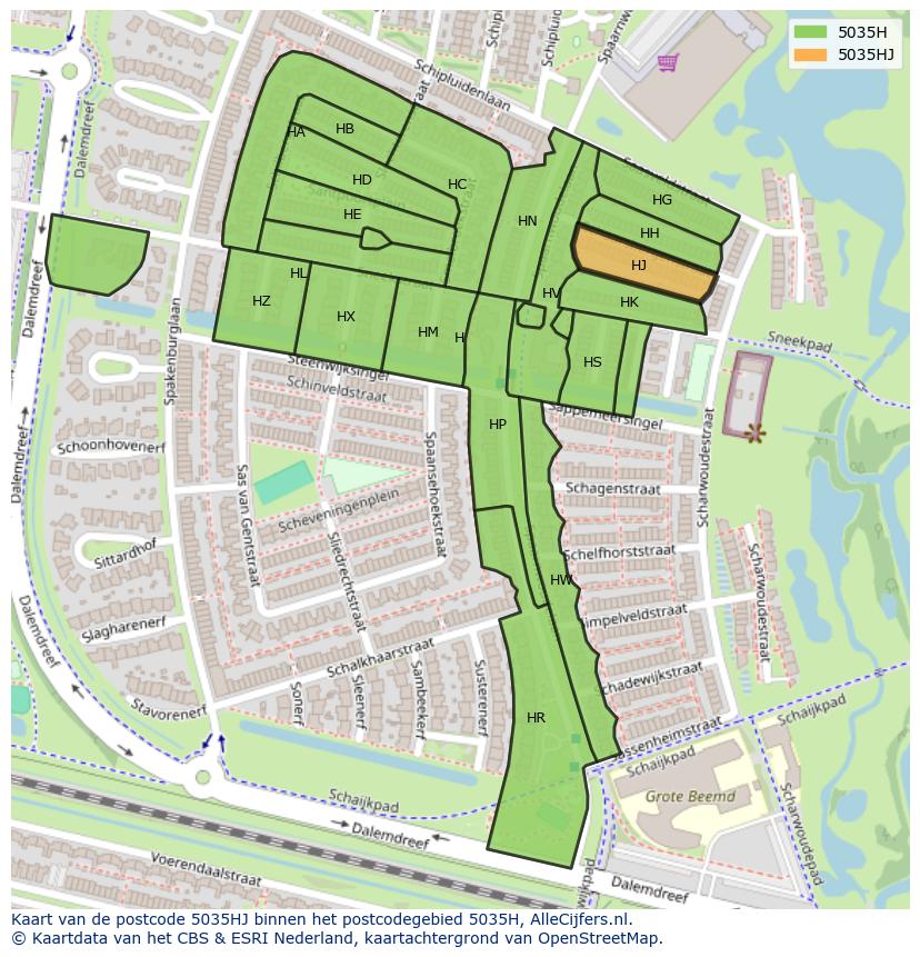 Afbeelding van het postcodegebied 5035 HJ op de kaart.