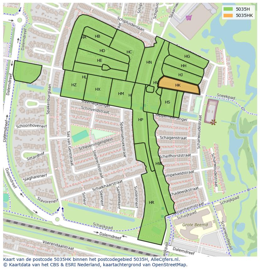 Afbeelding van het postcodegebied 5035 HK op de kaart.