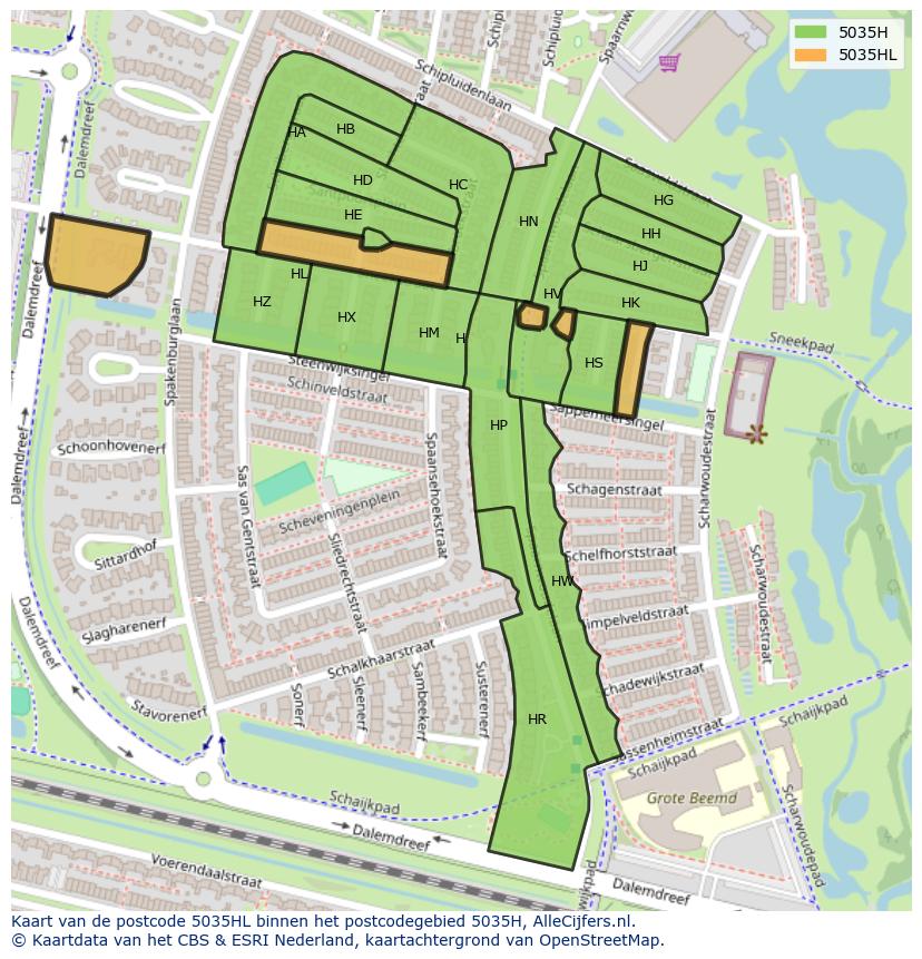 Afbeelding van het postcodegebied 5035 HL op de kaart.