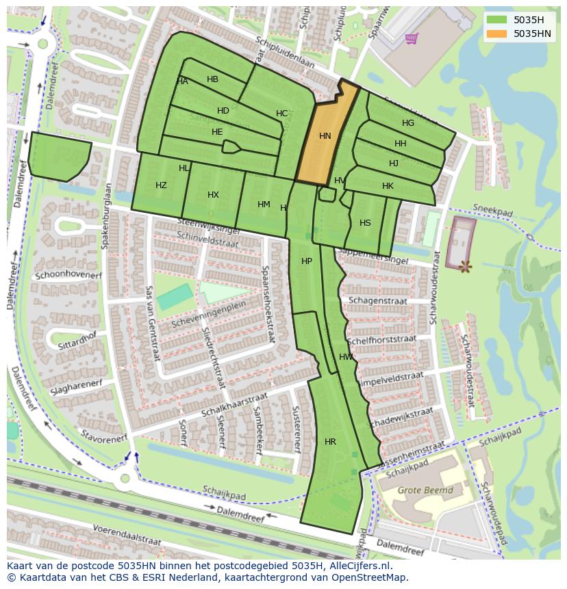 Afbeelding van het postcodegebied 5035 HN op de kaart.