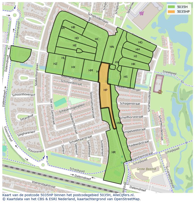 Afbeelding van het postcodegebied 5035 HP op de kaart.