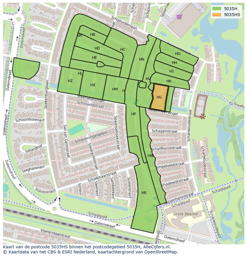 Afbeelding van het postcodegebied 5035 HS op de kaart.