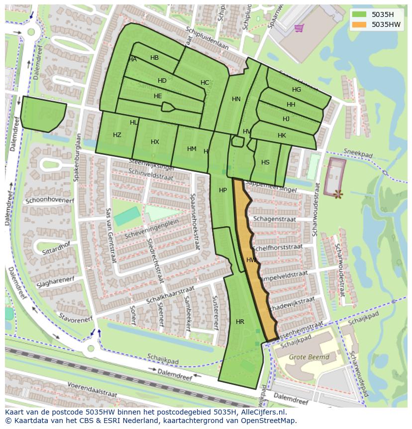 Afbeelding van het postcodegebied 5035 HW op de kaart.