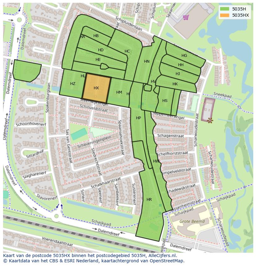 Afbeelding van het postcodegebied 5035 HX op de kaart.