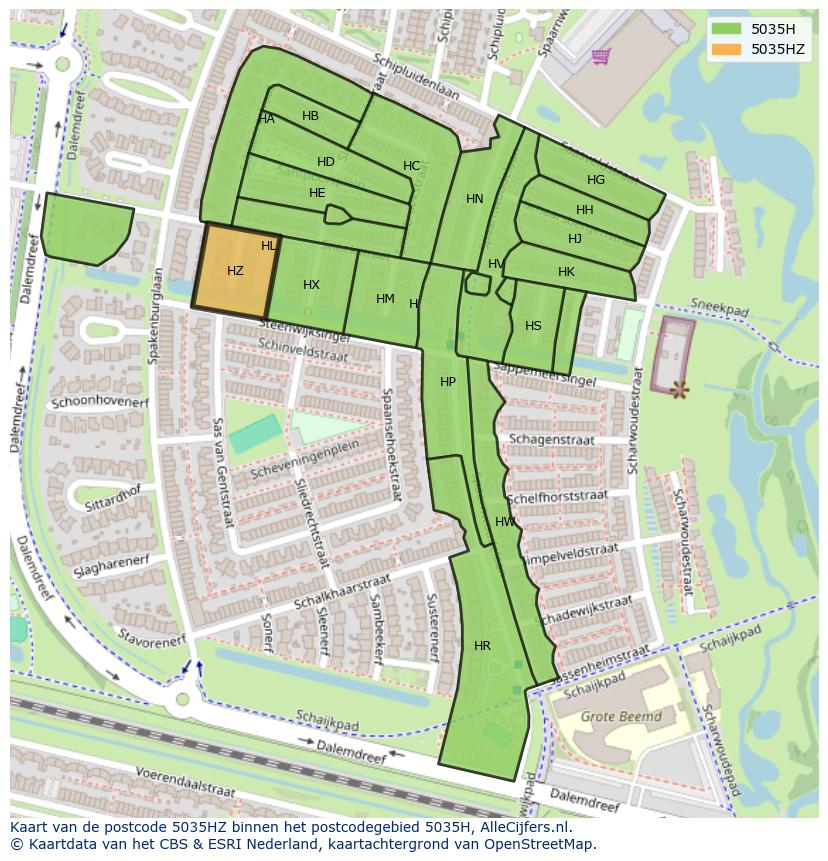 Afbeelding van het postcodegebied 5035 HZ op de kaart.
