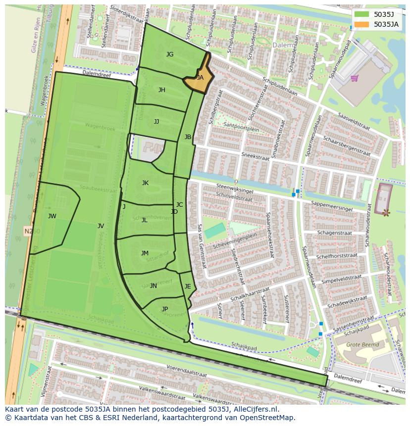 Afbeelding van het postcodegebied 5035 JA op de kaart.