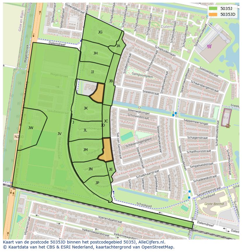 Afbeelding van het postcodegebied 5035 JD op de kaart.