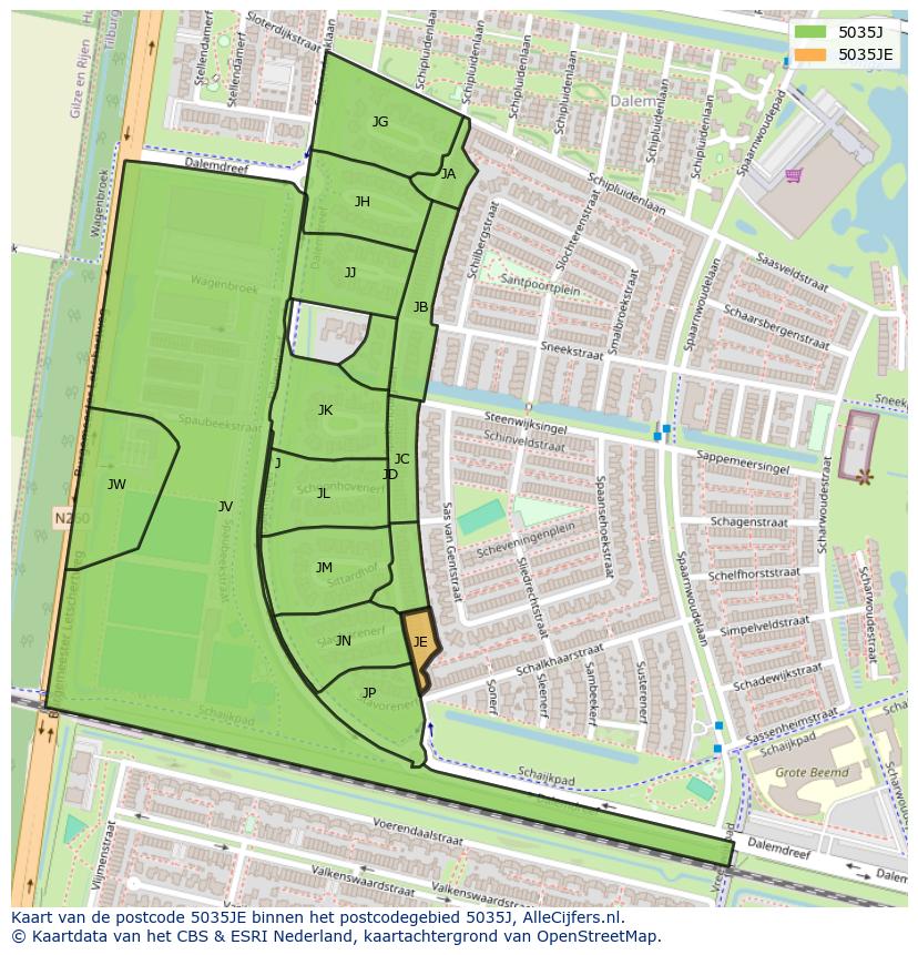 Afbeelding van het postcodegebied 5035 JE op de kaart.