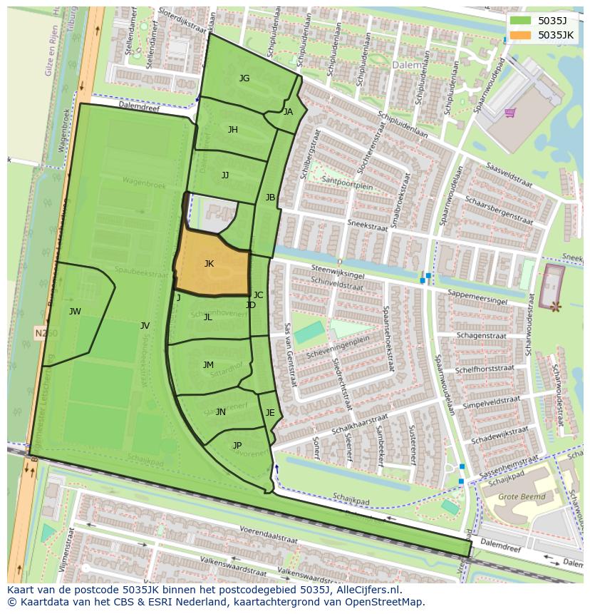 Afbeelding van het postcodegebied 5035 JK op de kaart.