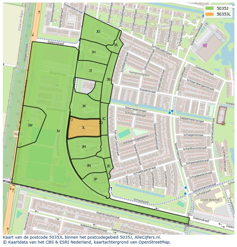 Afbeelding van het postcodegebied 5035 JL op de kaart.