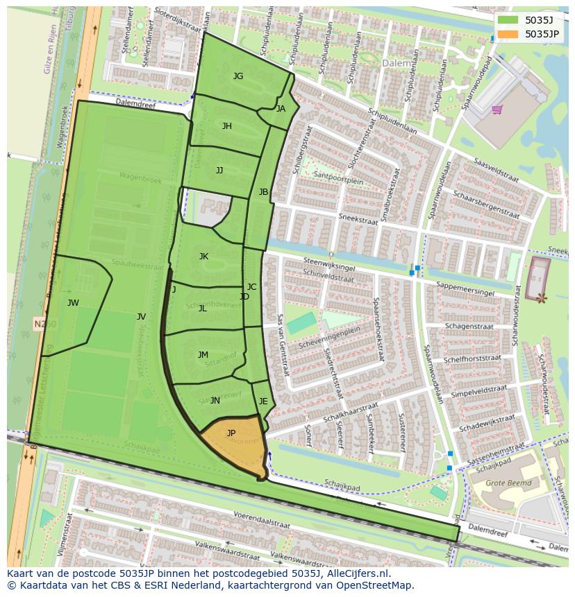Afbeelding van het postcodegebied 5035 JP op de kaart.