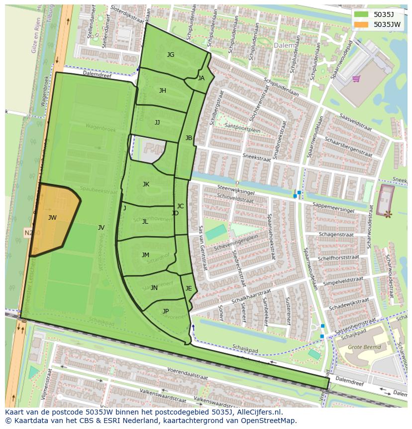 Afbeelding van het postcodegebied 5035 JW op de kaart.