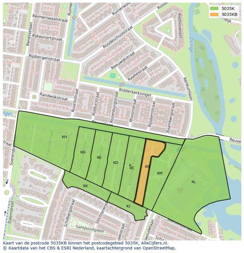 Afbeelding van het postcodegebied 5035 KB op de kaart.