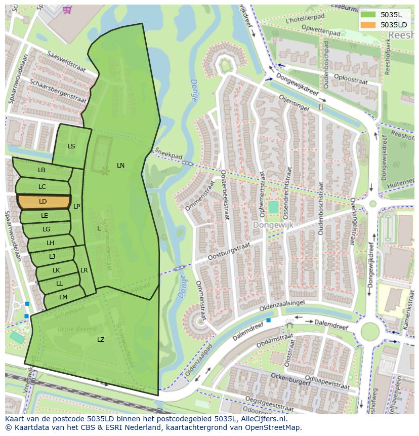 Afbeelding van het postcodegebied 5035 LD op de kaart.