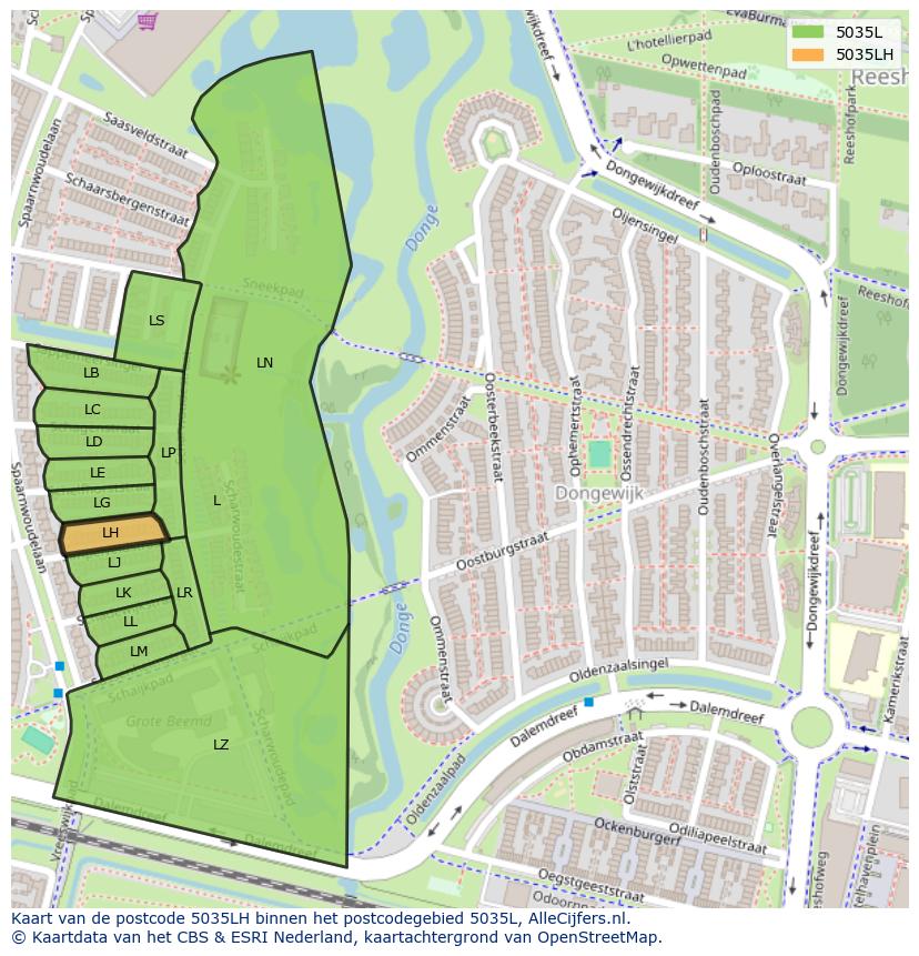 Afbeelding van het postcodegebied 5035 LH op de kaart.