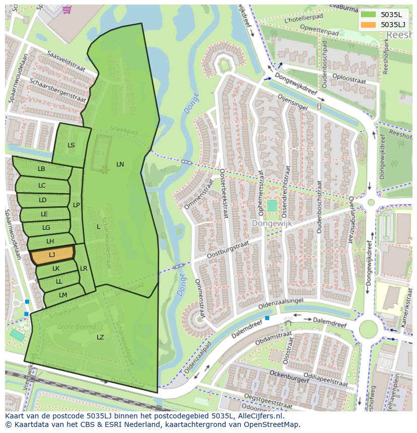 Afbeelding van het postcodegebied 5035 LJ op de kaart.