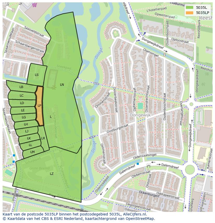 Afbeelding van het postcodegebied 5035 LP op de kaart.