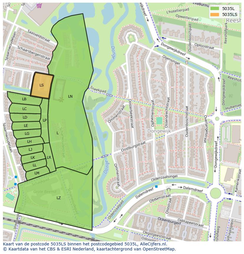 Afbeelding van het postcodegebied 5035 LS op de kaart.