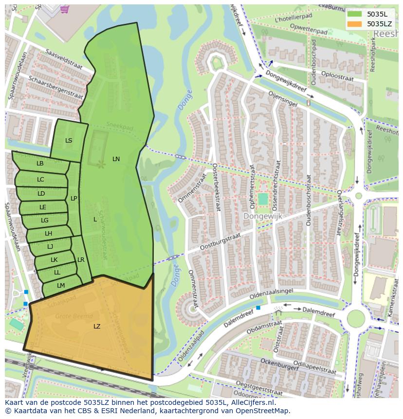 Afbeelding van het postcodegebied 5035 LZ op de kaart.