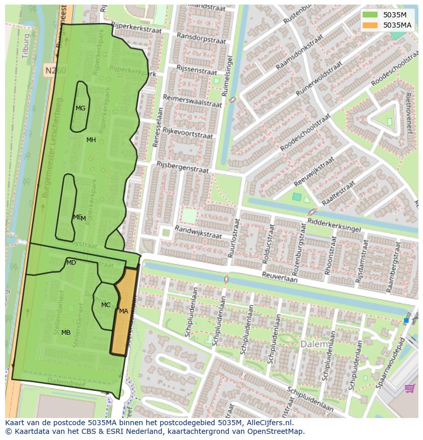 Afbeelding van het postcodegebied 5035 MA op de kaart.