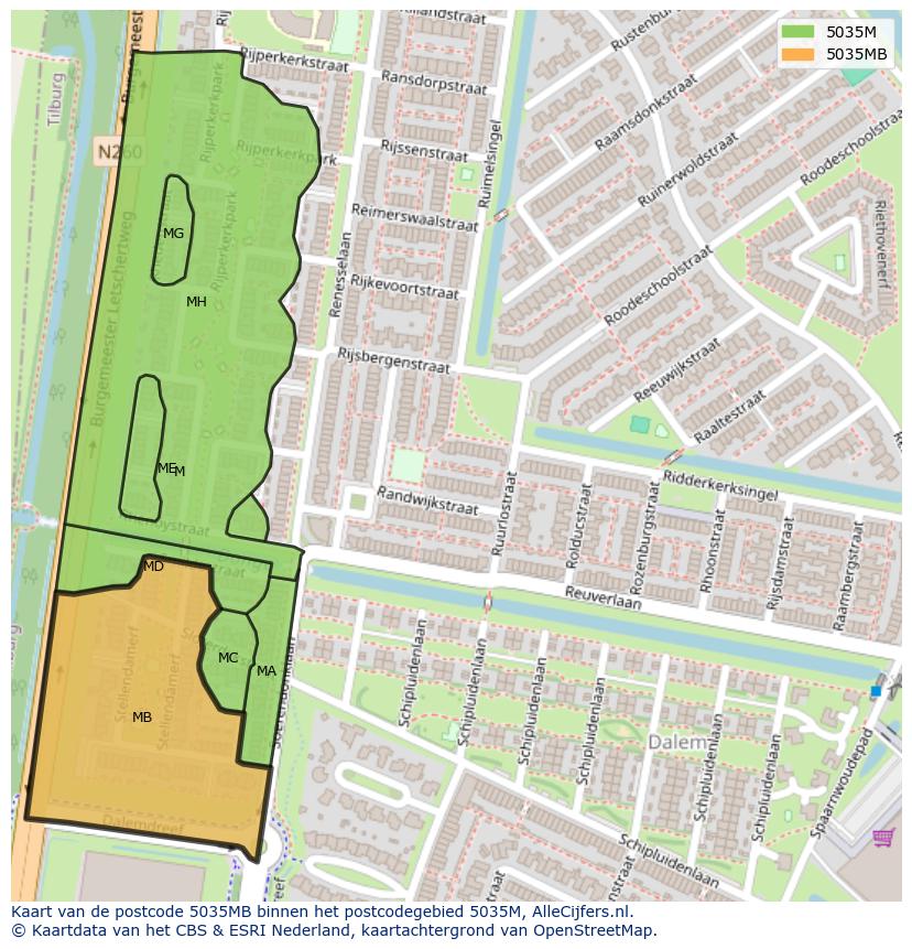 Afbeelding van het postcodegebied 5035 MB op de kaart.