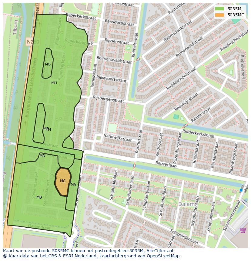 Afbeelding van het postcodegebied 5035 MC op de kaart.
