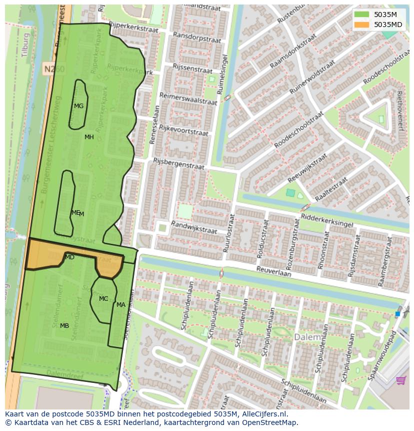 Afbeelding van het postcodegebied 5035 MD op de kaart.