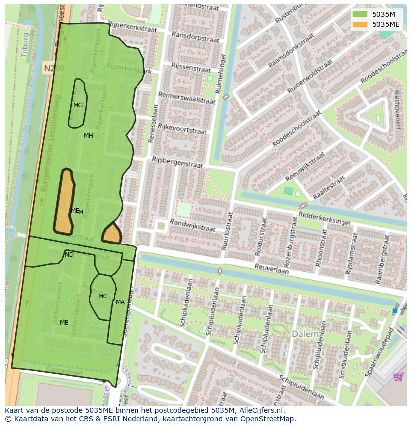 Afbeelding van het postcodegebied 5035 ME op de kaart.