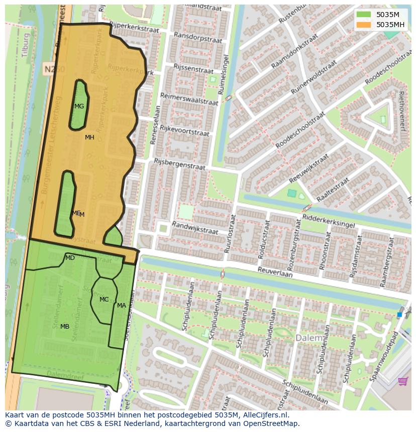 Afbeelding van het postcodegebied 5035 MH op de kaart.