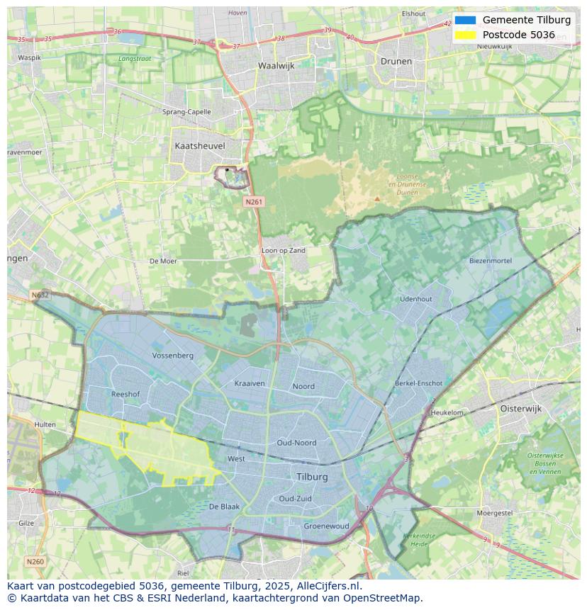 Afbeelding van het postcodegebied 5036 op de kaart.