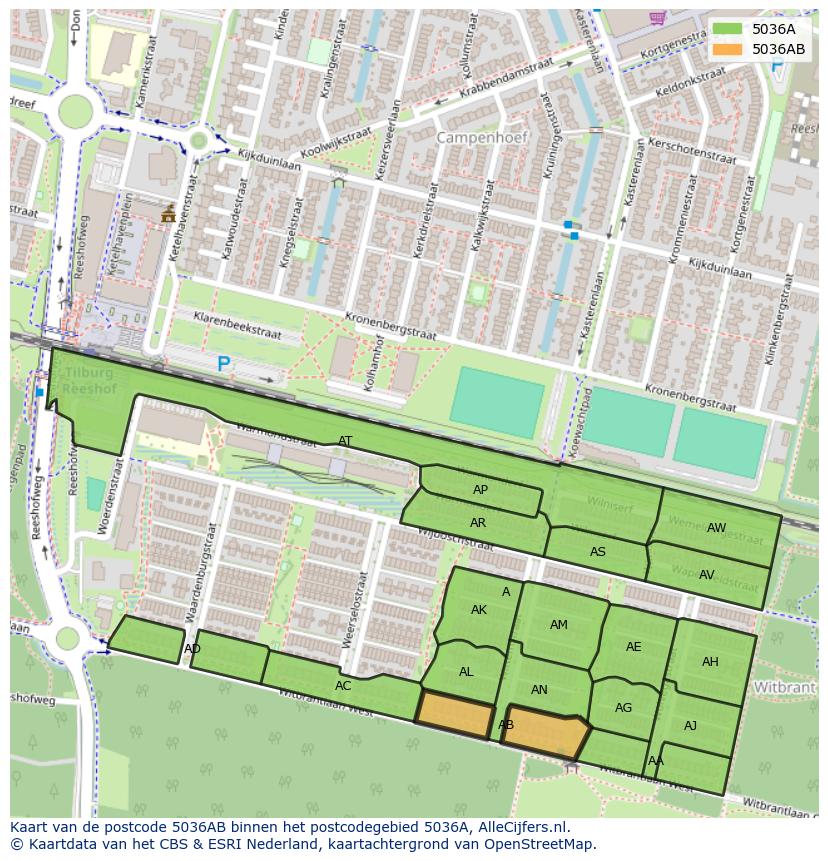 Afbeelding van het postcodegebied 5036 AB op de kaart.