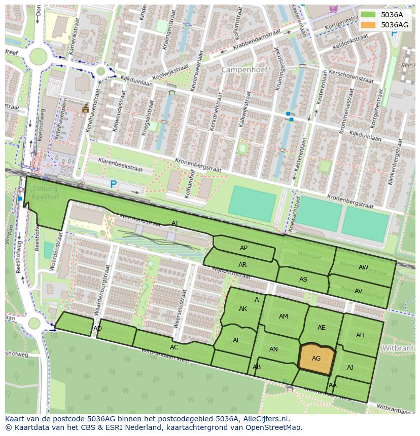 Afbeelding van het postcodegebied 5036 AG op de kaart.
