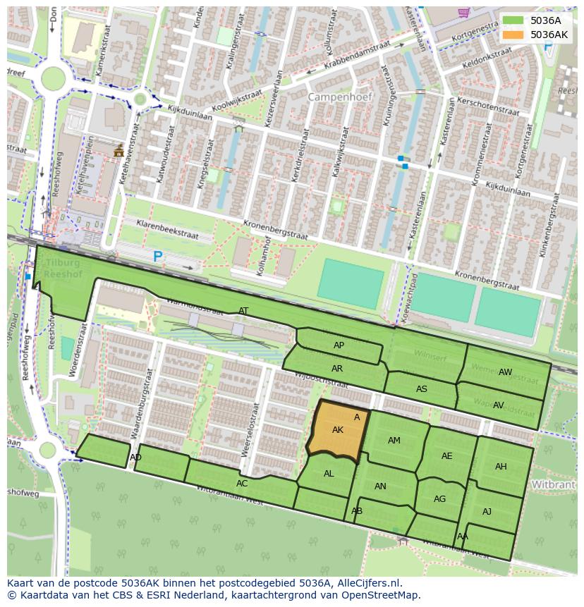 Afbeelding van het postcodegebied 5036 AK op de kaart.