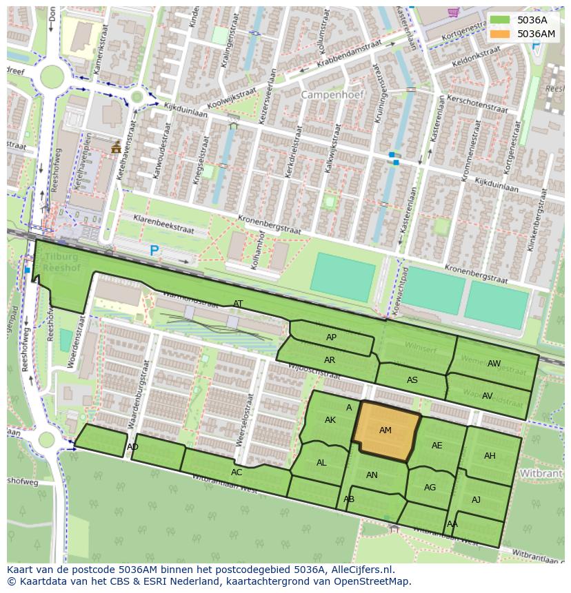 Afbeelding van het postcodegebied 5036 AM op de kaart.