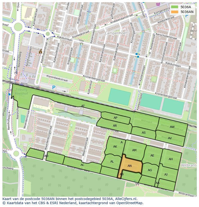 Afbeelding van het postcodegebied 5036 AN op de kaart.